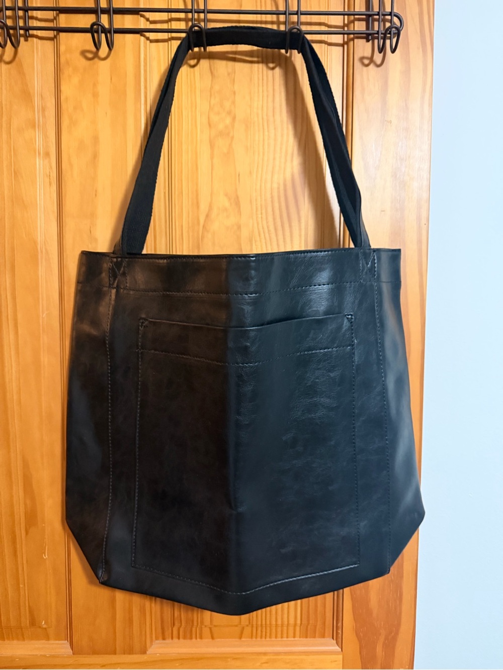 Women's Black Leather Tote Bag with Front Slip Pocket